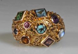 Ring, Atelier Eugen Hirner, Schwäbisch Gmünd, gepunzt ETH, GG 585, Mondstein, Amethyst, Saphir,