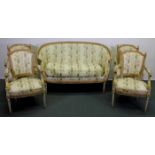 Sofa und 4 Armstühle, Louis XVI-Stil, 18./19. Jh., creme/gold gefasst, erneuerte Bezüge mit