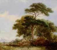 Landschaftsmaler (19. Jh.), "Am Waldrand", Öl auf Leinwand, auf Holz, wohl Frankreich, 24.5 x 28.5