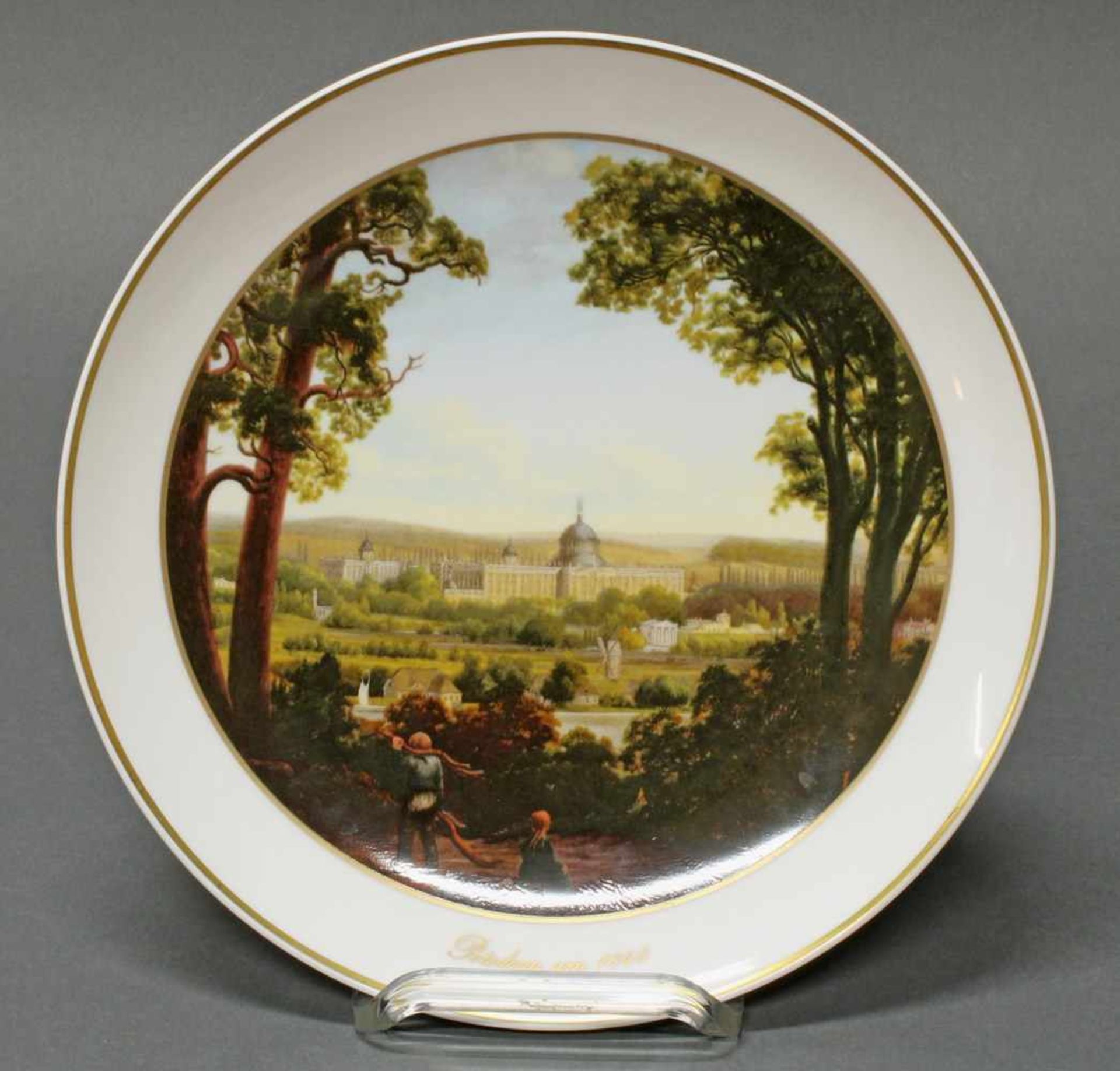 Ansichtenteller, "Potsdam um 1840", KPM Berlin, farbiger Druckdekor, Goldrand, umseitig bezeichnet