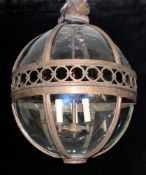 Deckenlampe, in Kugelform, Bronze, zwölf gebogte Scheiben-Elemente, dreiflammig, 76 cm hoch, ø 52