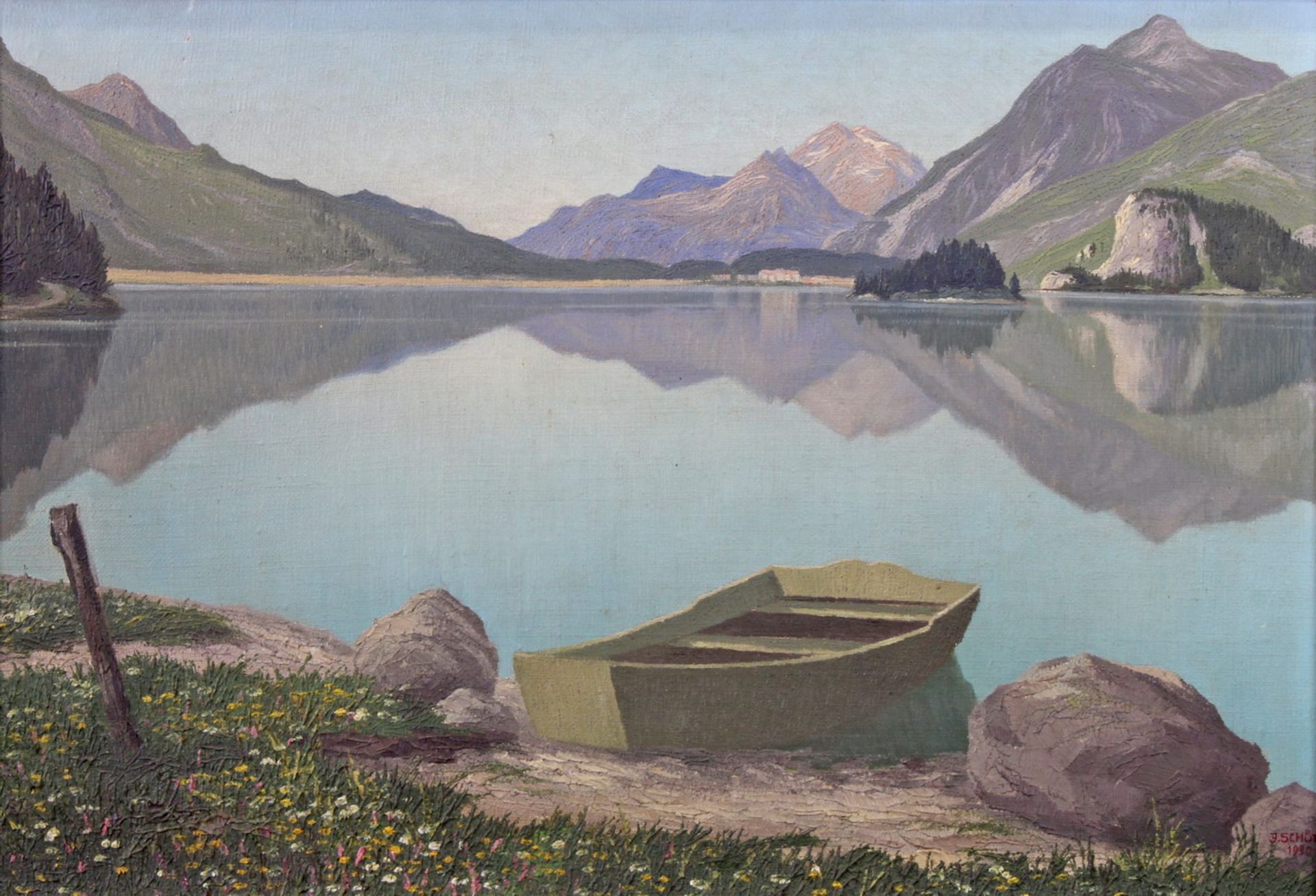 Schütz, J. (1. Hälfte 20. Jh.), "Alpensee", Öl auf Leinwand, signiert und datiert unten rechts J.