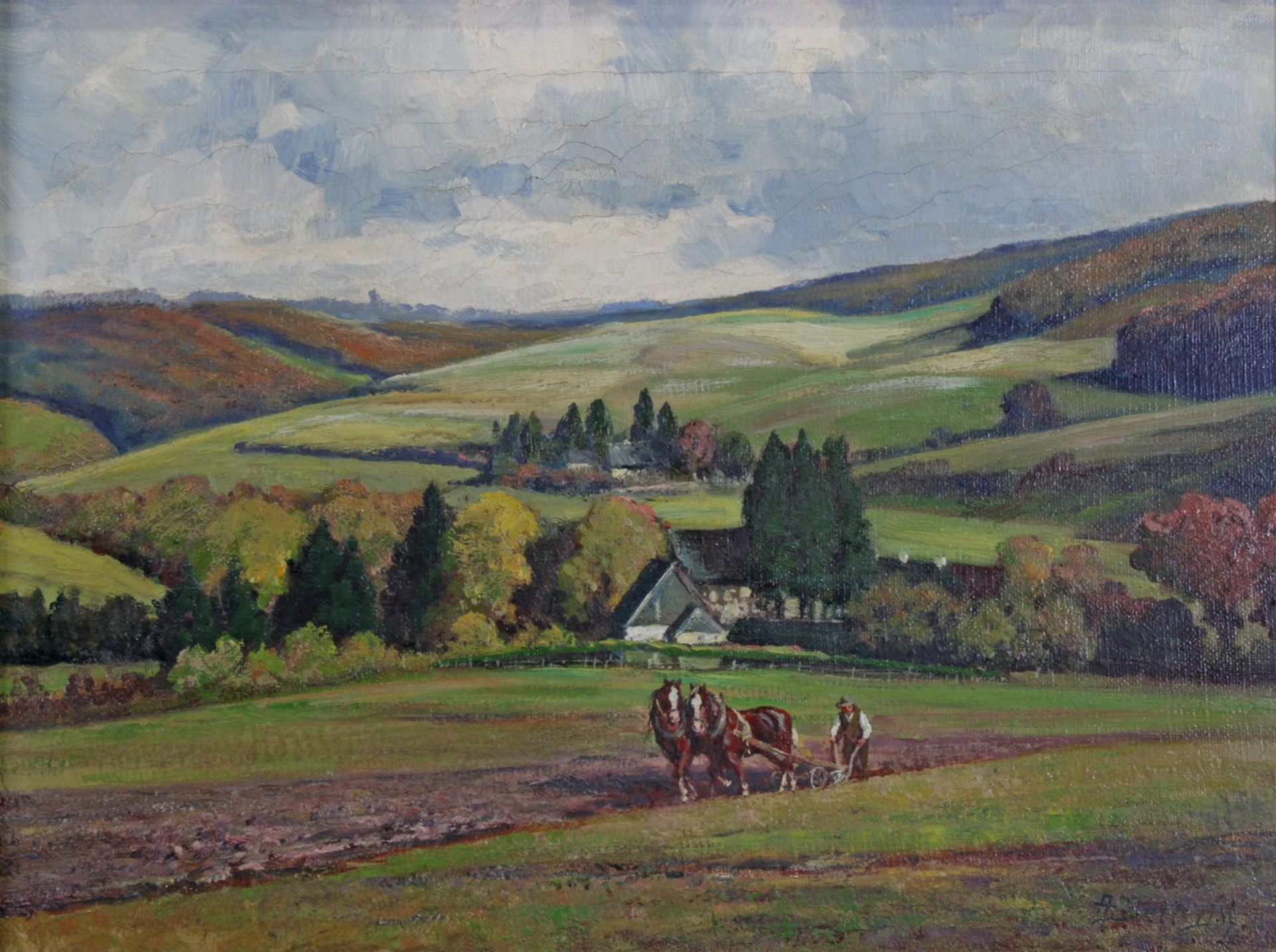 Bell, Arthur (1876 - 1966, in Düsseldorf tätiger Maler), "Beim Pflügen", Öl auf Leinwand, signiert