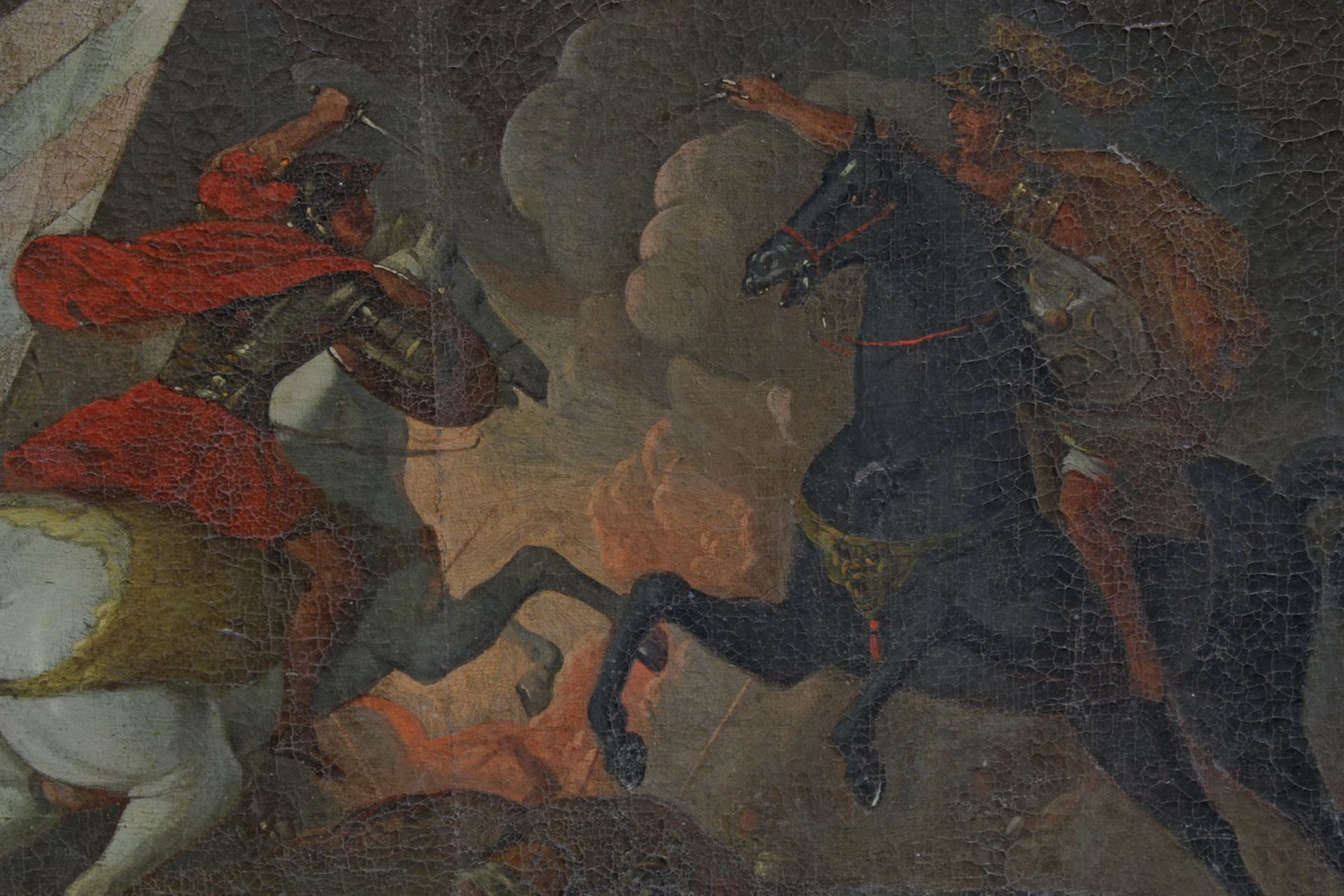 wohl Deutscher Maler (17. Jh.), "Brennende antike Stadt bei Nacht", Öl auf Leinwand, doubliert, - Image 8 of 9