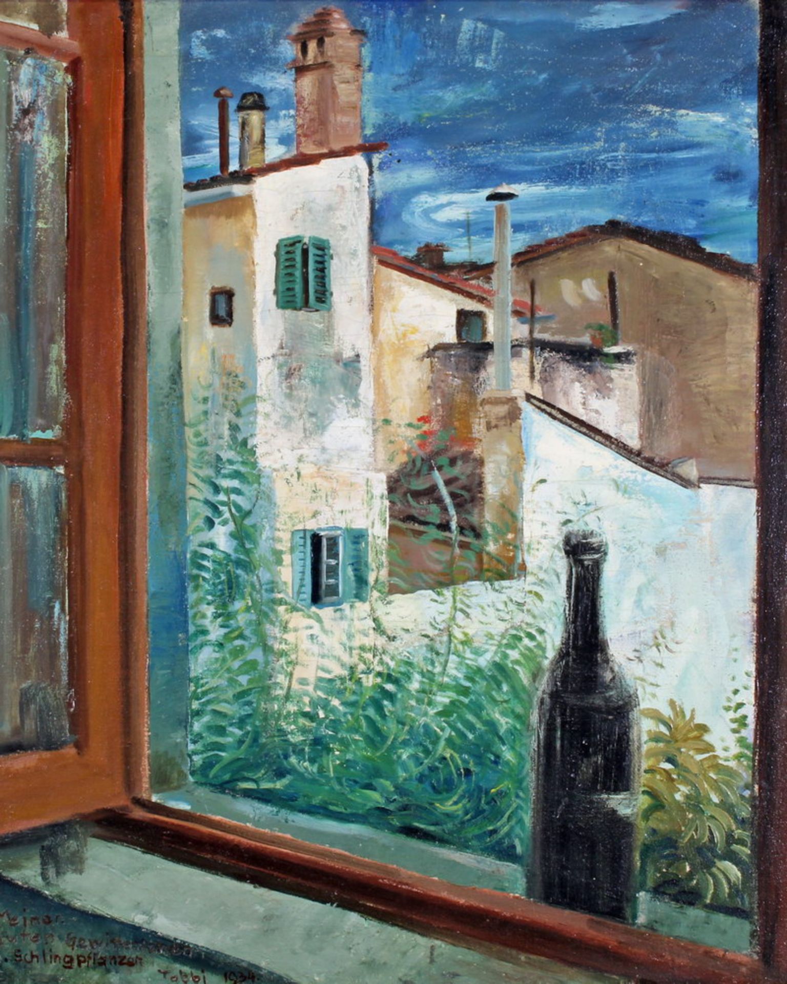 Deutscher Maler (1. Hälfte 20. Jh.), "Blick aus dem Fenster", Öl auf Leinwand, wohl auf Malkarton,