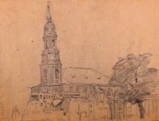 Bleistiftzeichnung, "Blick auf die Hofkirche in Dresden", um 1945, 30 x 40.5 cm, unter Glas gerahmt
