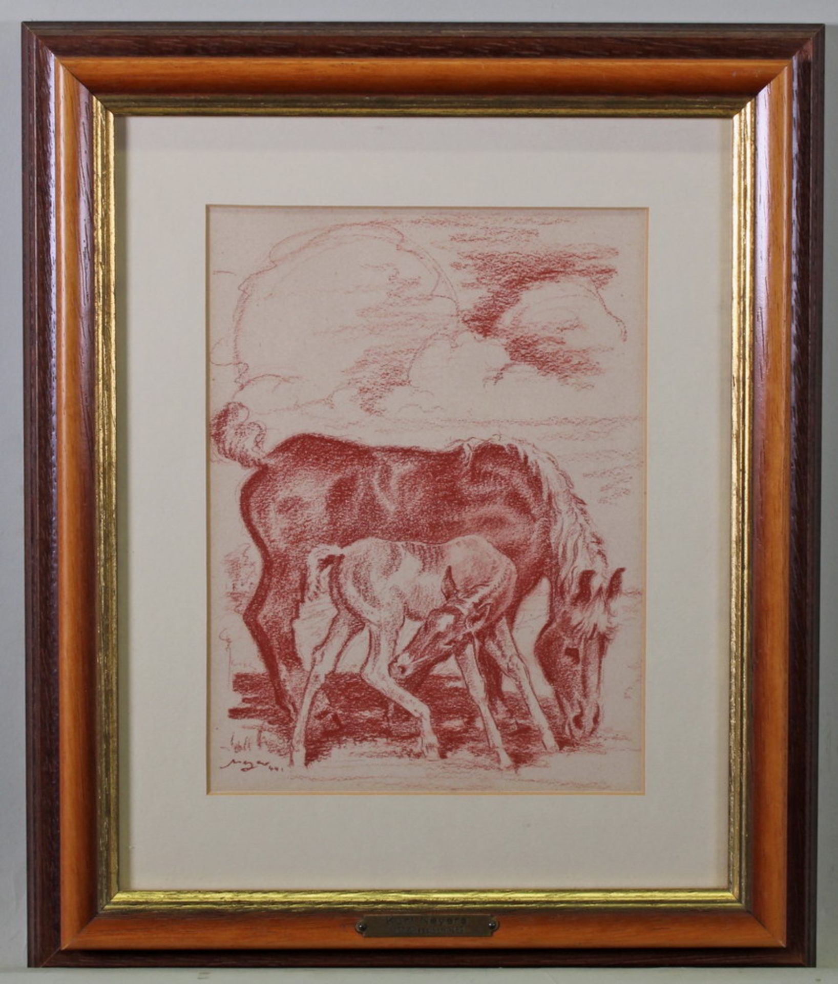 Neyers, Kurt (1900 Düsseldorf - 1969 ebda.), Kreidezeichnung, "Stute mit Fohlen", signiert und - Bild 2 aus 3