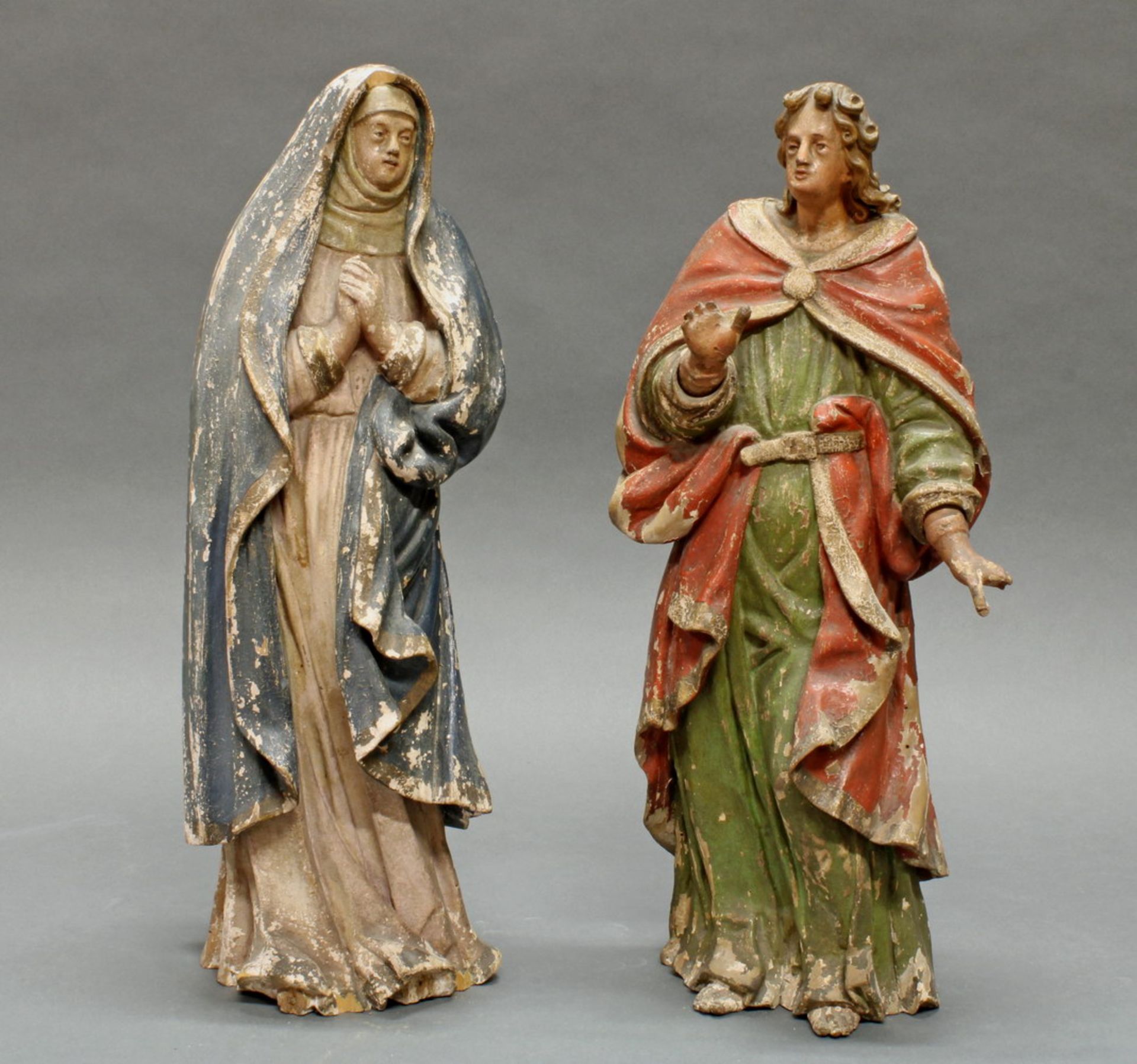 2 Skulpturen, Holz geschnitzt, "Muttergottes", "Hl. Johannes", aus einer Kreuzigungsgruppe, 17. Jh.,