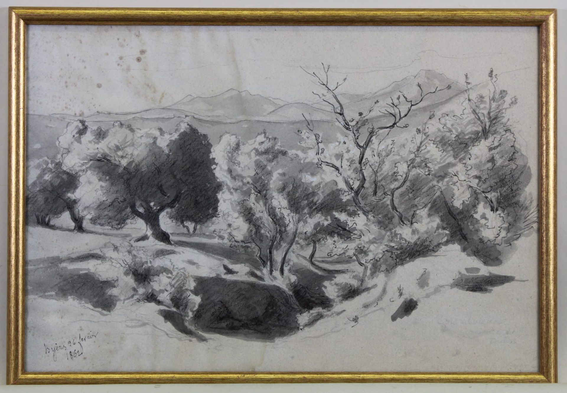 2 Zeichnungen, Mischtechnik, Feder, Kohle, teils laviert, 1x ortsbezeichnet Hyèrs 96 fevrier 1862, - Bild 2 aus 5
