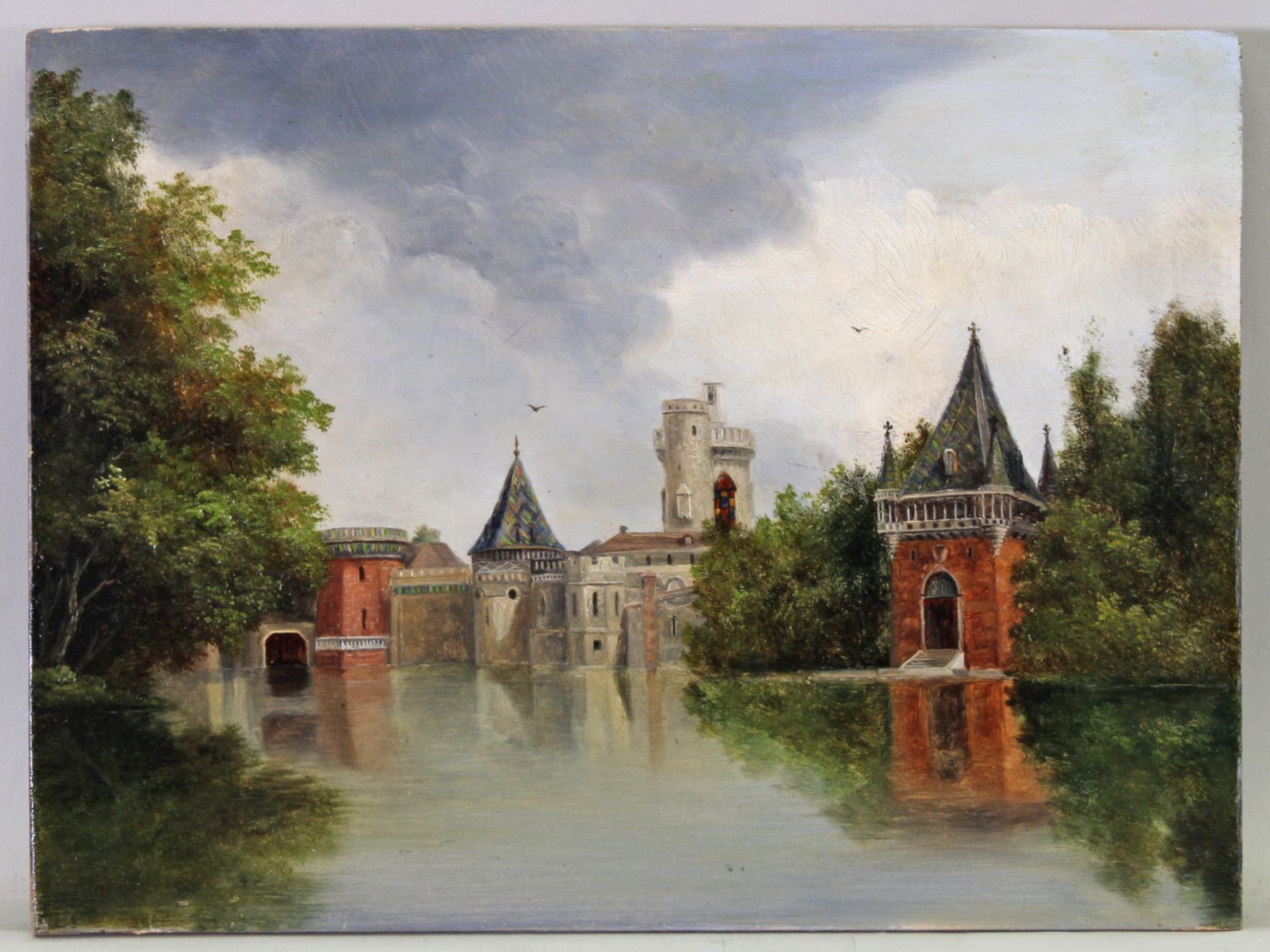 Landschaftsmaler (19. Jh.), "Ansicht eines Wasserschlosses", Öl auf Holz, 16 x 21 cm - Image 3 of 5