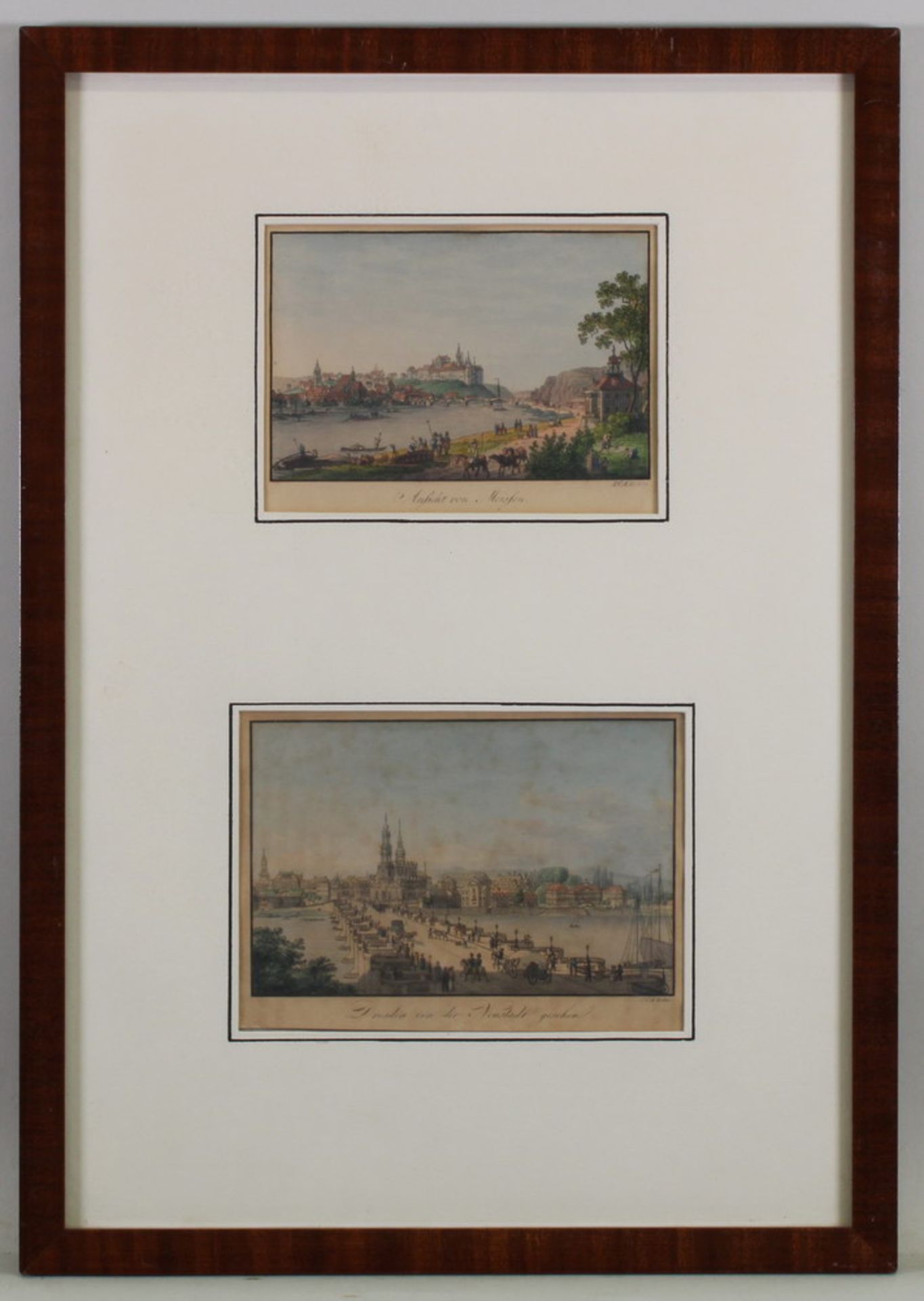 2 kolorierte Radierungen, "Ansicht von Meißen", "Dresden von der Neustadt", Johannes Carl August