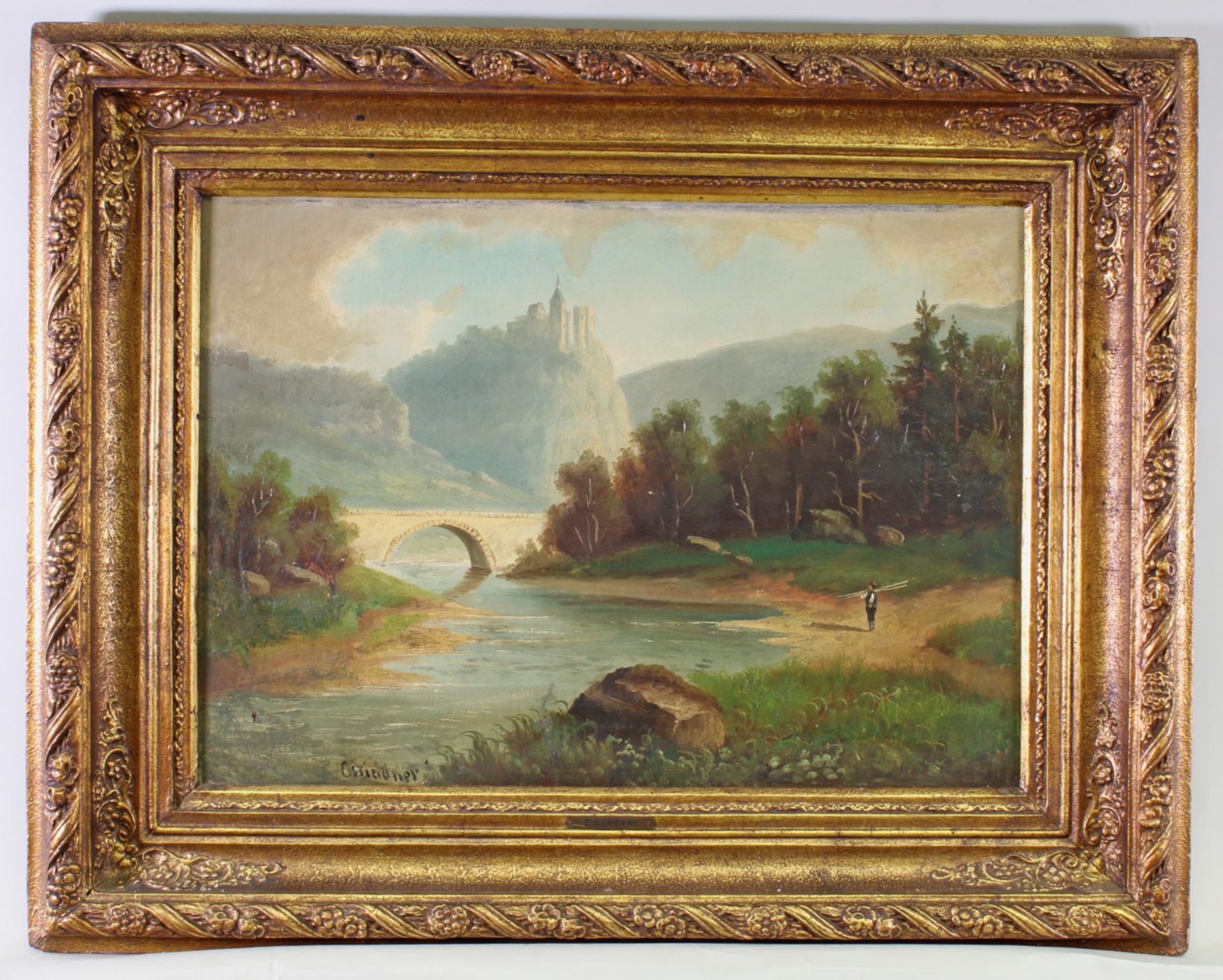 Lindner, Carl (1840 - 1883, deutscher Landschaftsmaler), "Angler am Fluss", im Hintergrund eine - Image 2 of 4