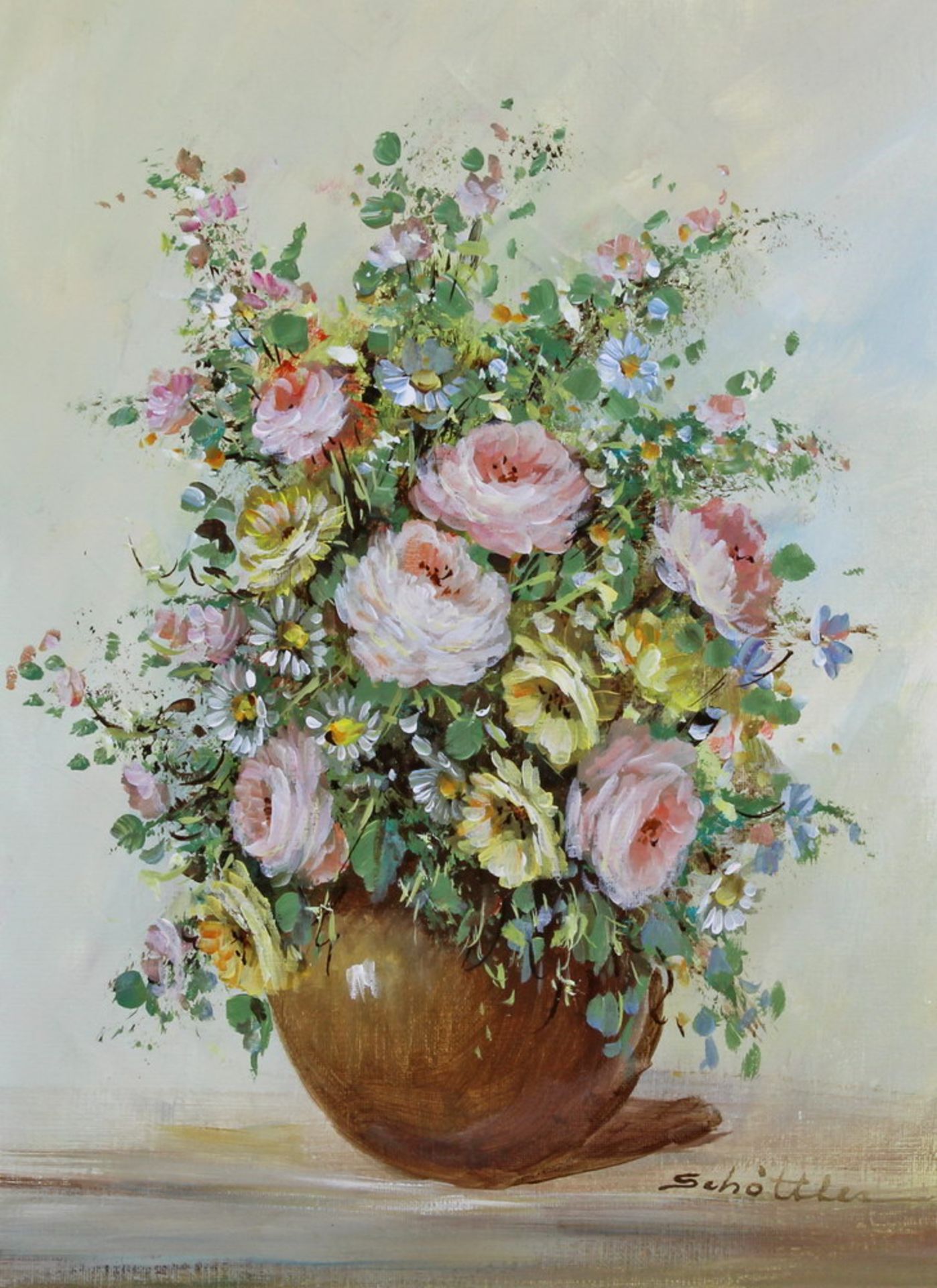 Schöttler, Katharina (1935 Ringenberg - 2016 Wieck), "Stillleben mit roséfarbenen Rosen", Öl auf