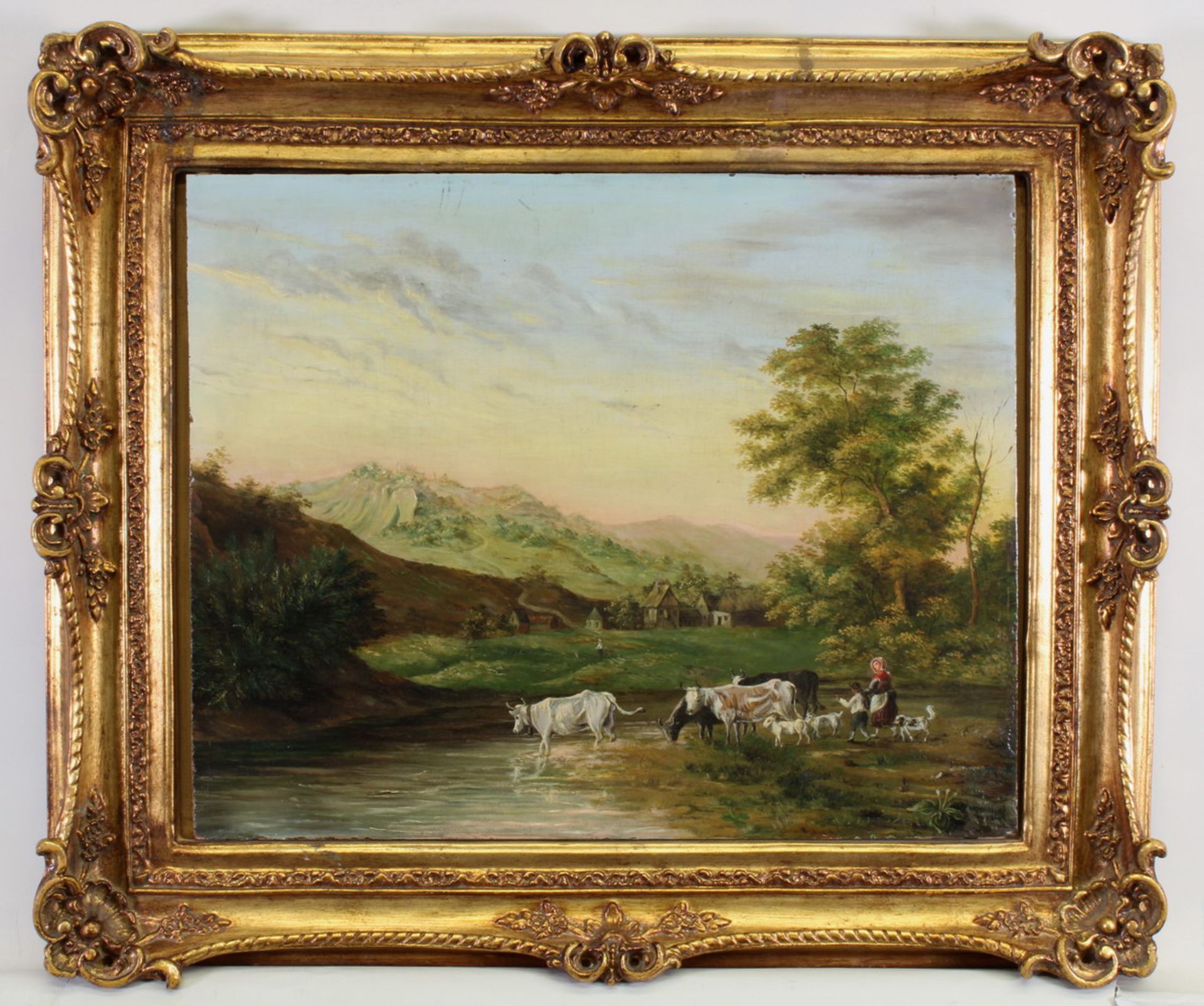 Deutscher Landschaftsmaler (tätig Mitte 19. Jh.), "Hirten mit Vieh in hügeliger Landschaft", Öl - Image 2 of 4