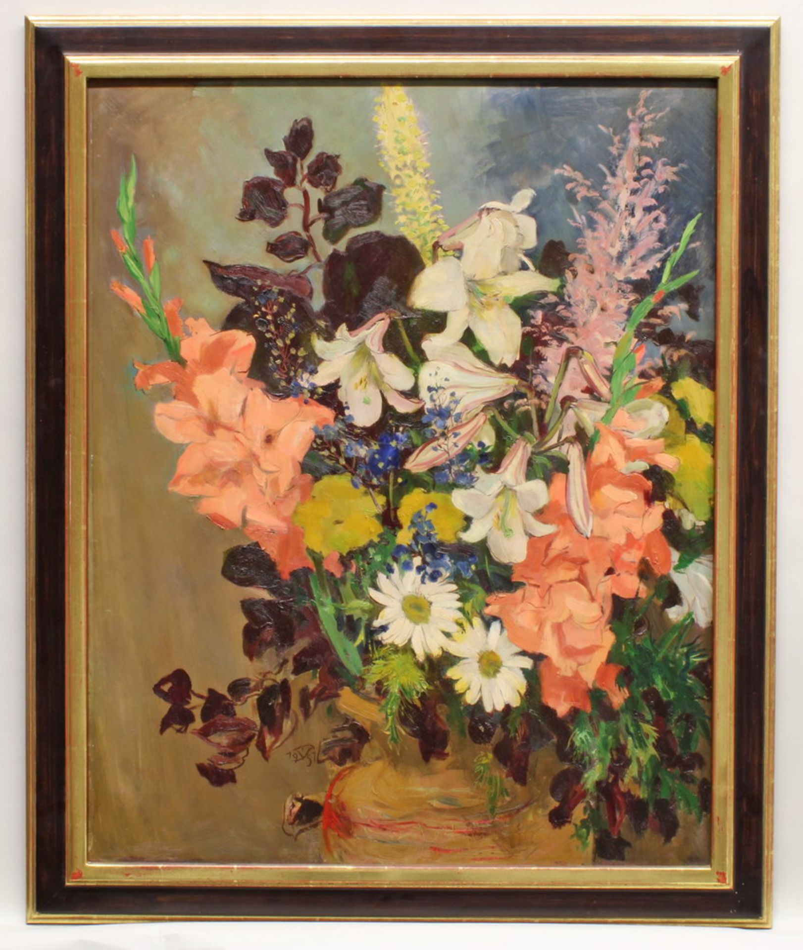 Monogrammist (20. Jh.), "Sommerblumenstrauß mit Lilien", Öl auf Platte, undeutlich monogrammiert und - Image 2 of 4