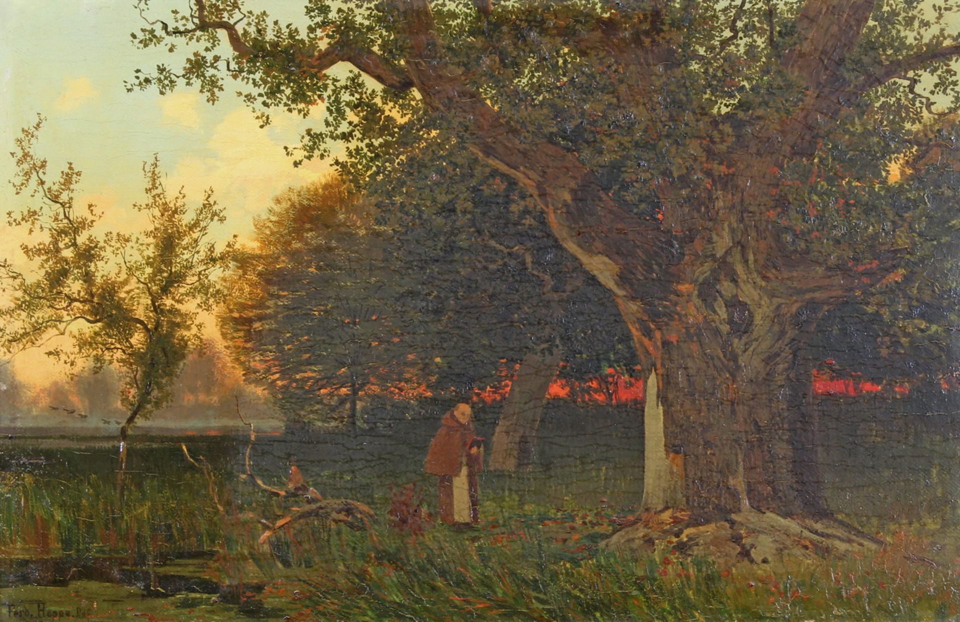 Hoppe, Ferdinand Theodor (1848 Dorpat (Russ. Kaiserreich) - 1890 Köln) "Mönch im Wald", Öl auf