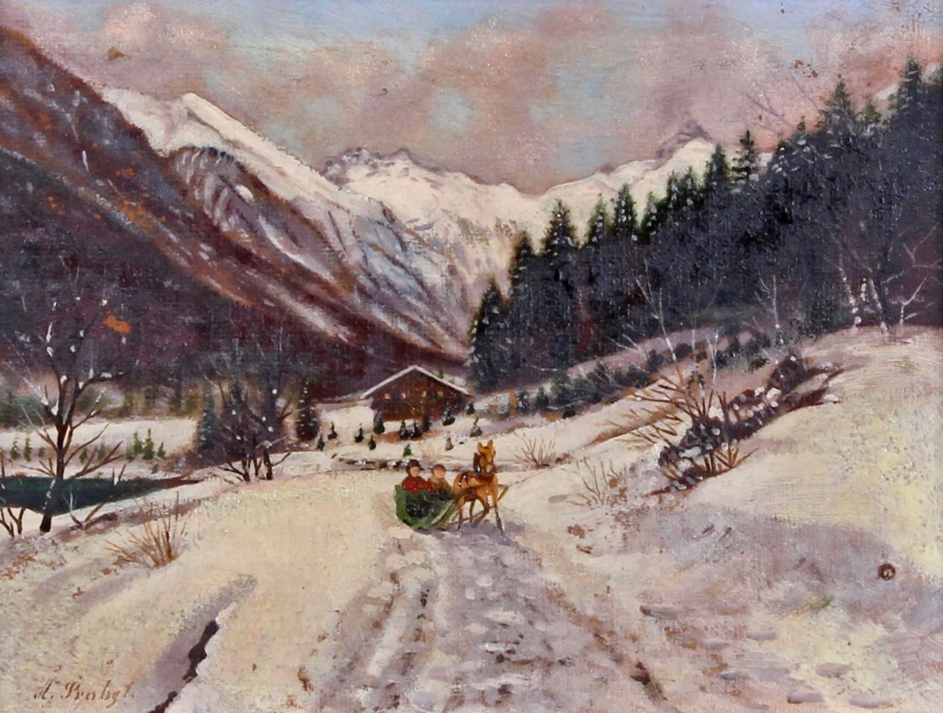 Probst, A. (20. Jh.), "Winterlandschaft in den Bergen bei Obersdorf (?)", Öl auf Leinwand auf