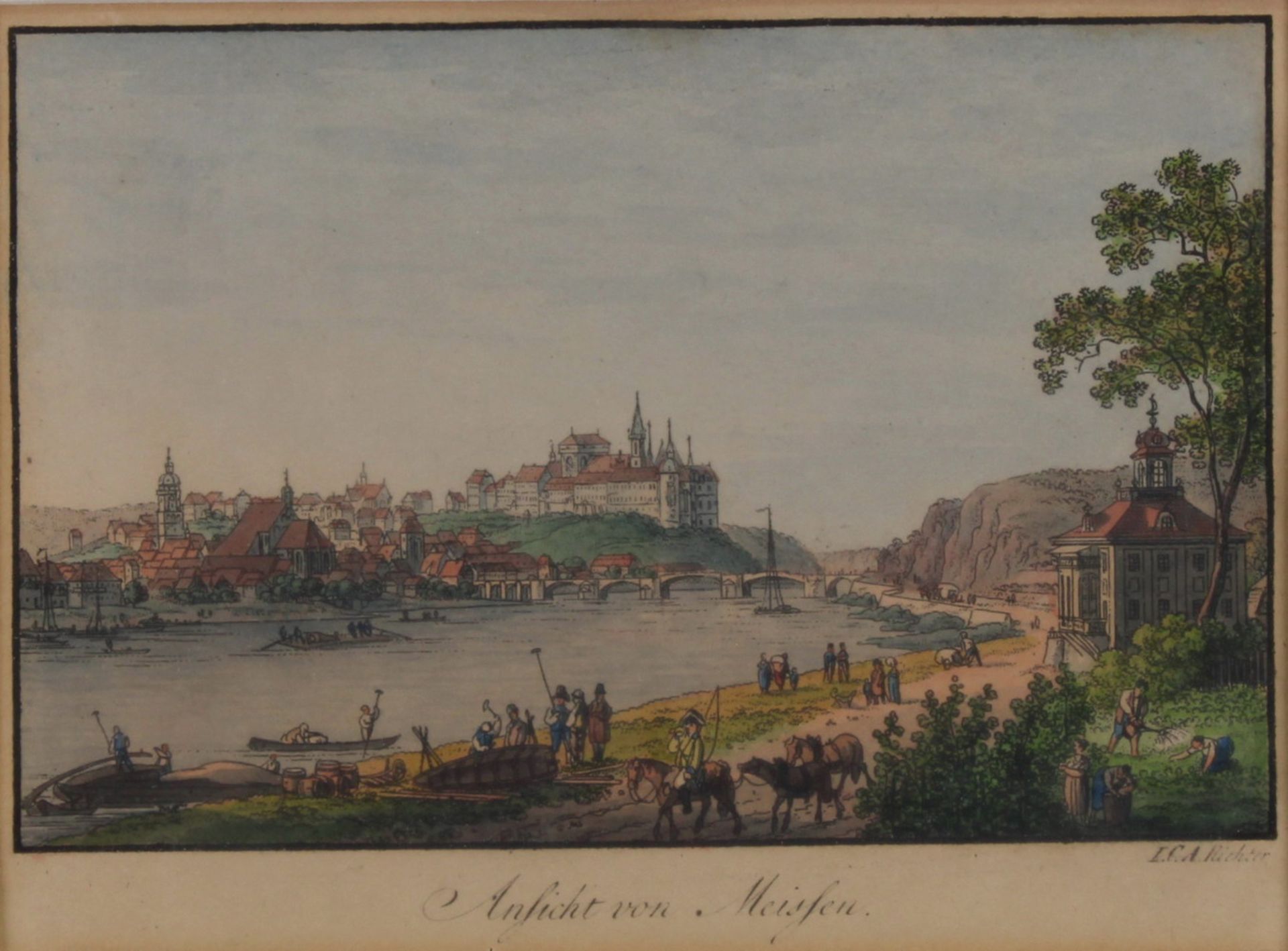 2 kolorierte Radierungen, "Ansicht von Meißen", "Dresden von der Neustadt", Johannes Carl August - Bild 2 aus 3
