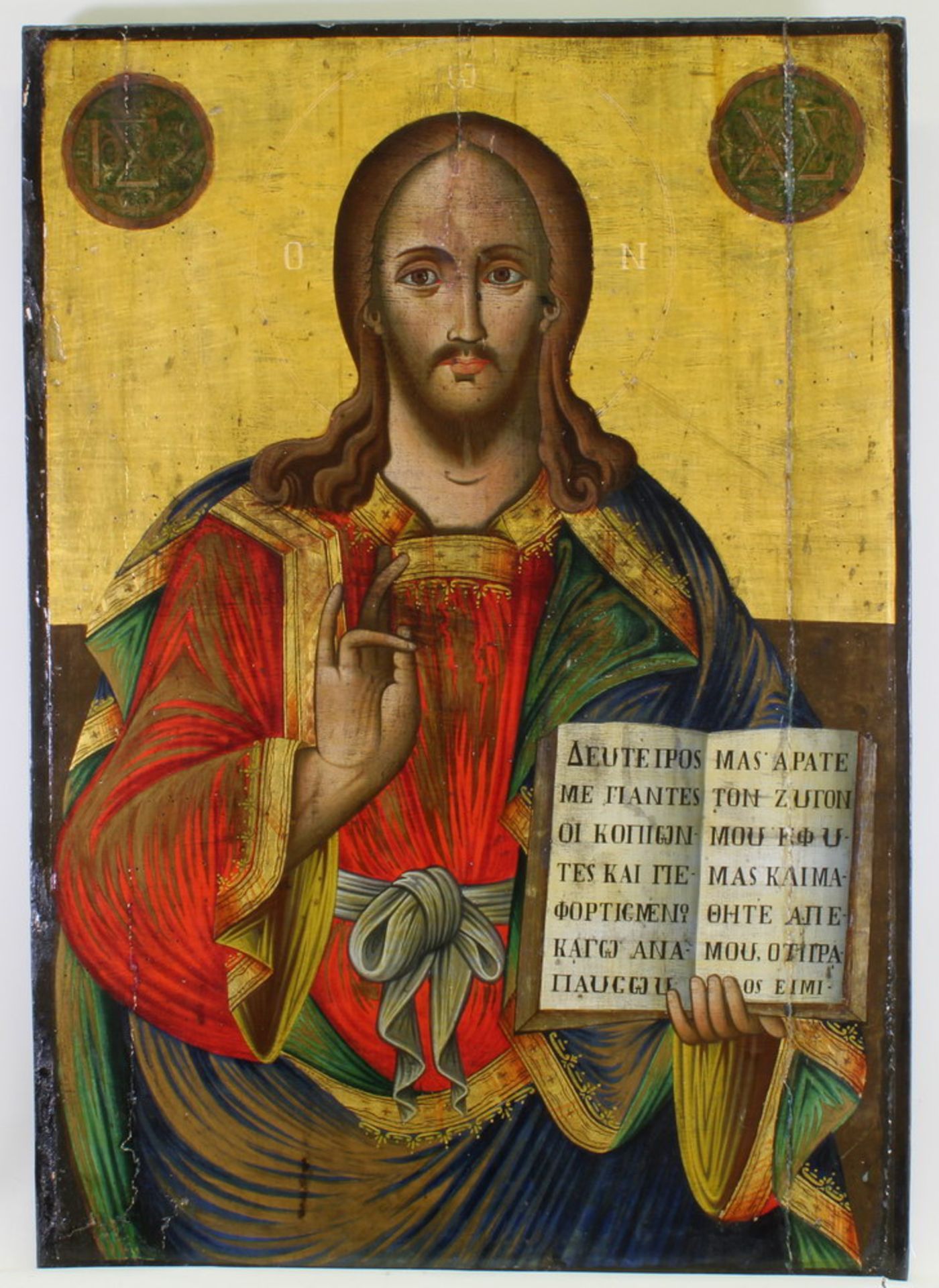 Große Ikone, Tempera auf Holz, "Christus Pantokrator", Griechenland, 19. Jh., Goldgrund, 83 x 58 cm,