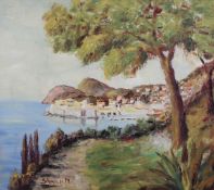 Skansi, Michail (1885 - 1979, Landschaftsmaler), "Mittelmeerküste", Öl auf Platte, signiert unten