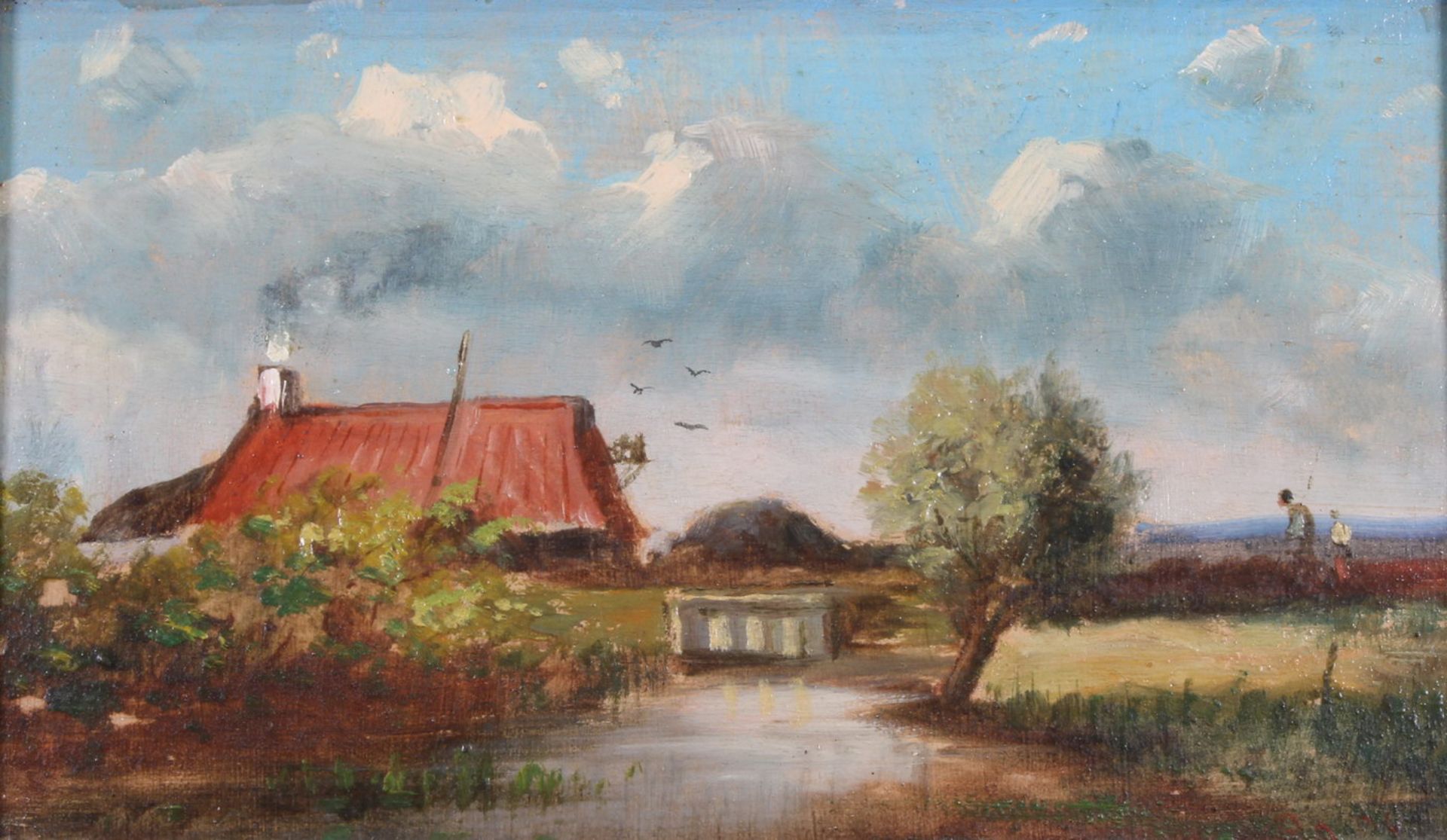 Landschaftsmaler (um 1900), "Fischerkate", Öl auf Holz, undeutlich signiert unten rechts, 12 x 20