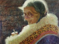 Undeutlich signiert (20. Jh.), "Bildnis einer alten tibetischen Frau", Mischtechnik auf Leinwand,