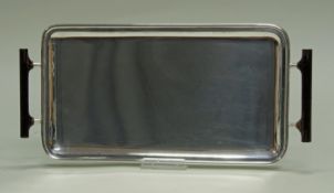 Anbietplatte, Silber 925, Emil Hermann, rechteckig, zwei Holzgriffe, 37 x 18 cm, ca. 612 g, etwas