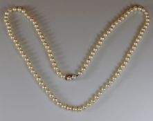 Perlenkette, 101 Akoya-Zuchtperlen ø ca. 7 mm, Schließe WG 585, 2 Perlen, 79 cm lang