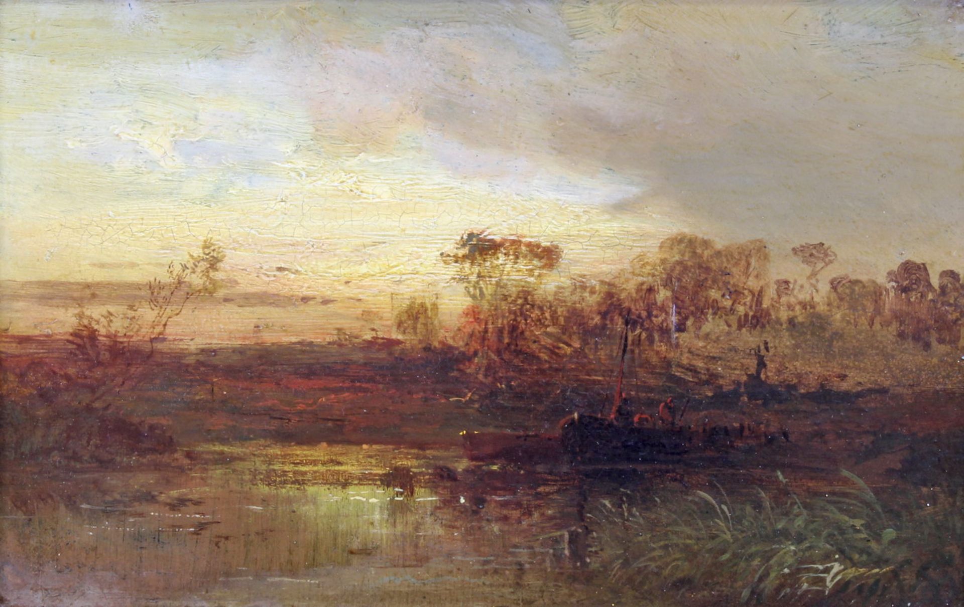 Frankreich (19. Jh.), "Sonnenaufgang über Moorlandschaft", Öl auf Holz, rückseitig Klebeetikett