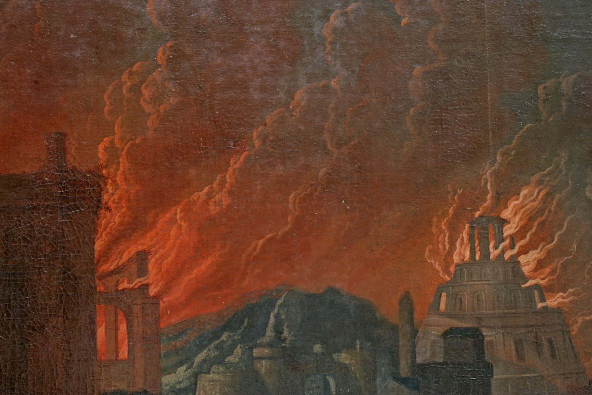 wohl Deutscher Maler (17. Jh.), "Brennende antike Stadt bei Nacht", Öl auf Leinwand, doubliert, - Image 2 of 9
