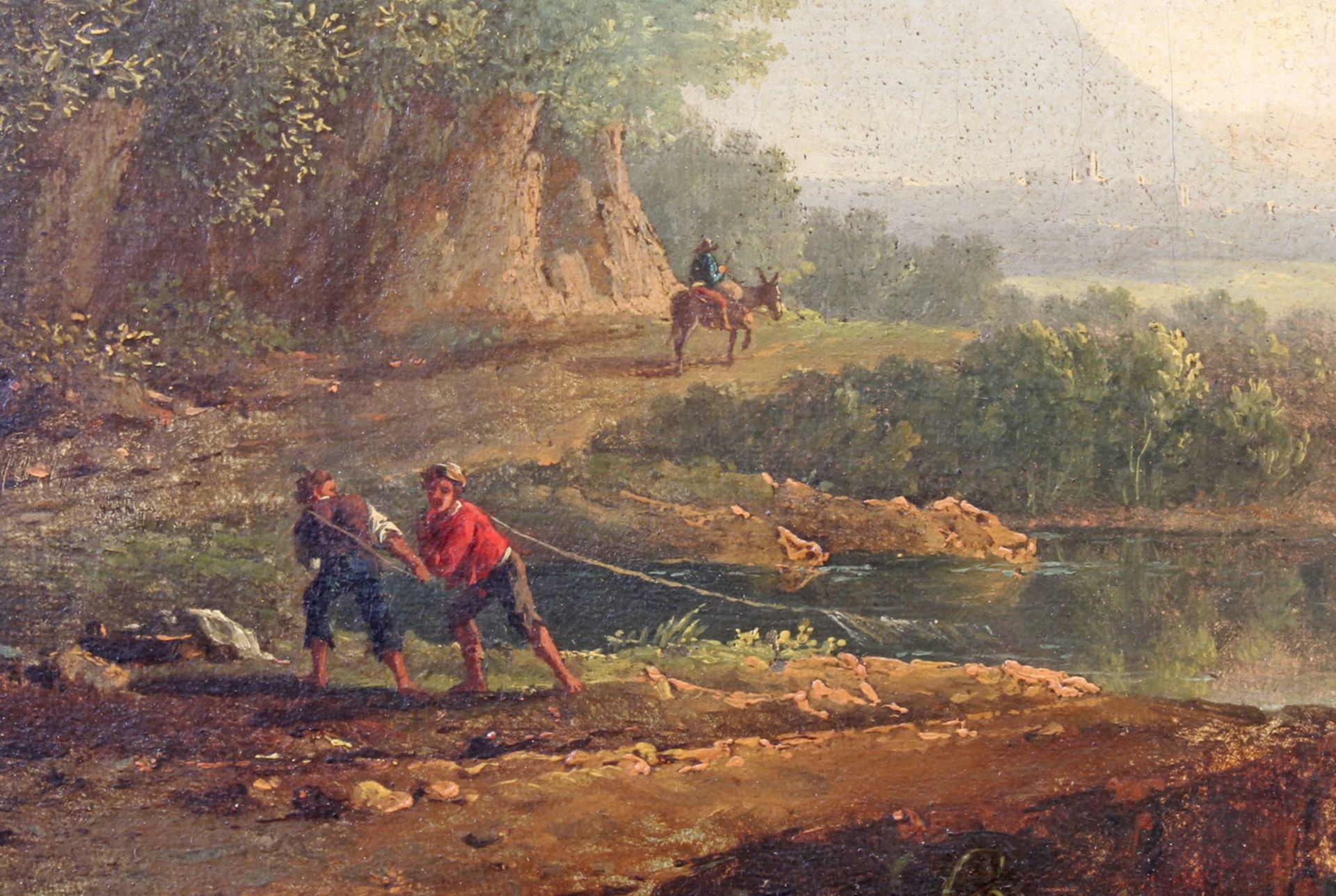 Burch, Jacques H. van der (1796 - 1854), wohl, "Angler in italienischer Landschaft", Öl auf - Image 3 of 5