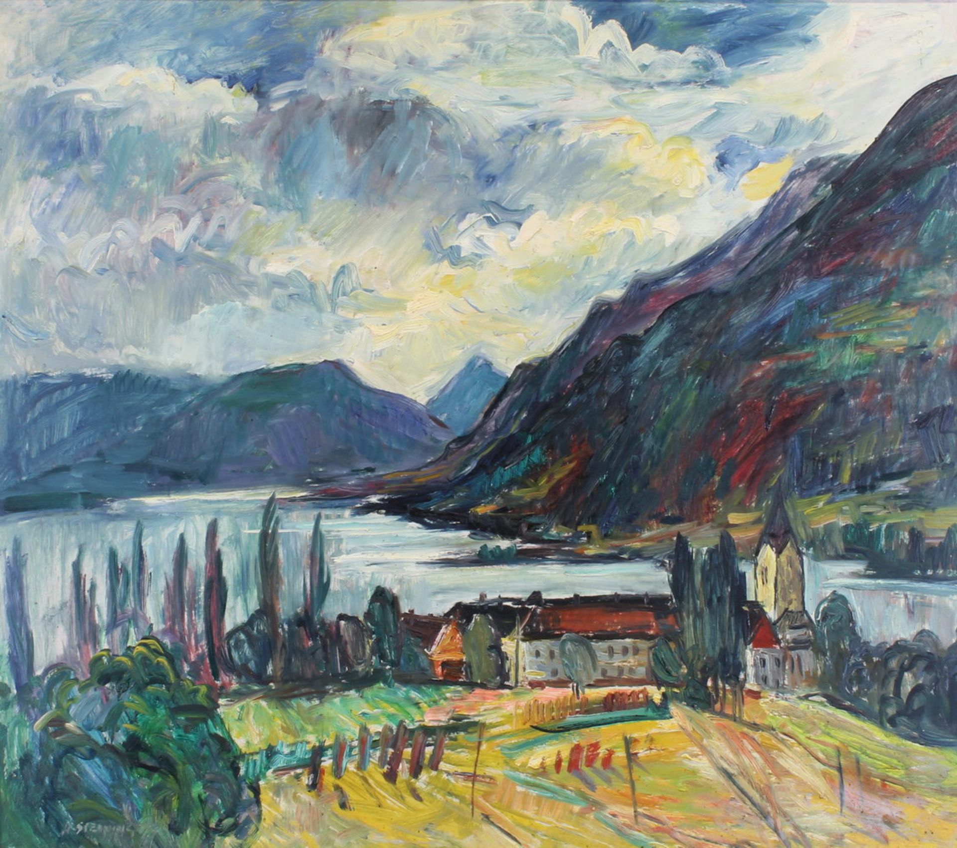 Steininger, Hermann (1915 Felling bei Hardegg), "Ossiacher See", Öl auf Hartfaser, signiert links