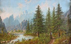 Landschaftsmaler (19. Jh.), "Wanderer im Gebirge", Öl auf Leinwand, auf dem Rahmenetikett bezeichnet