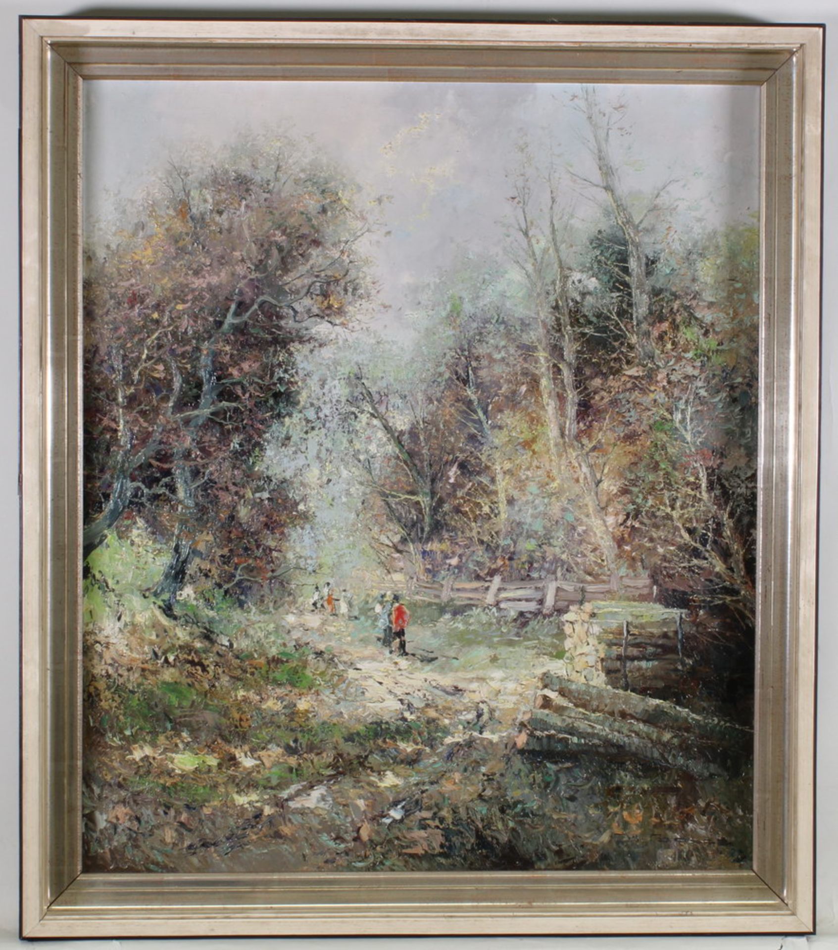 Bauer, H. (20. Jh.), "Spaziergang im Wald", Öl auf Leinwand, signiert unten rechts H. Bauer, 70 x 60 - Image 2 of 4