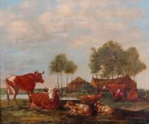 Niederländischer Maler (18. Jh.), "Ruhendes Vieh in weiter Landschaft", Öl auf Holz, 29.5 x 37 cm,