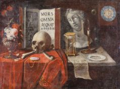 Stilllebenmaler (17. Jh.), "Vanitasstillleben", Öl auf Leinwand, doubliert, 85 x 114 cm, stark
