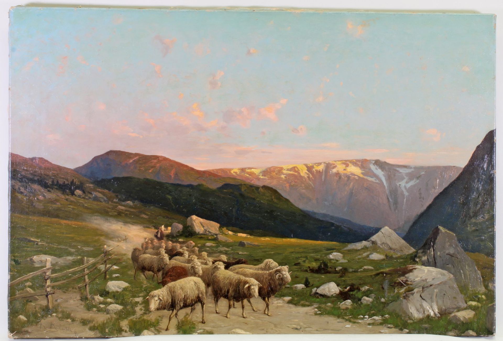 Kluth, Robert (1854 - 1921, amerikanischer Künstler) "Schäfer mit Herde in Gebirgslandschaft", Öl - Image 2 of 5