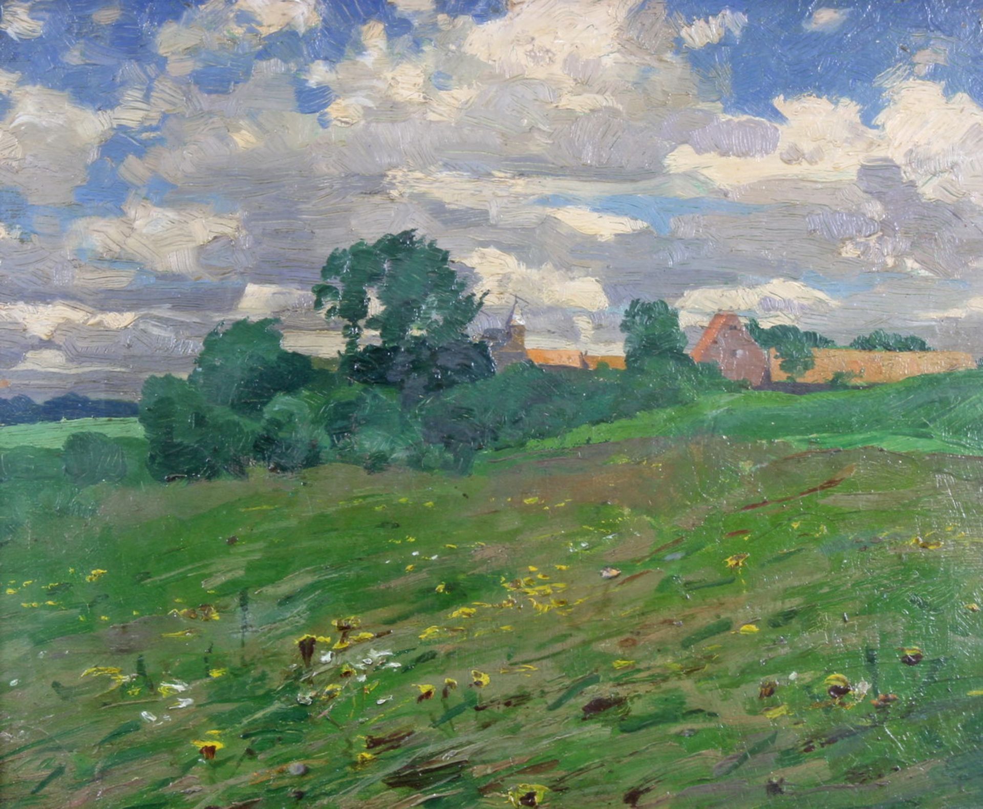 Landschaftsmaler (19./20. Jh.), "Häuser in Sommerlandschaft", Öl auf Papier, auf Karton, 26 x 32.5