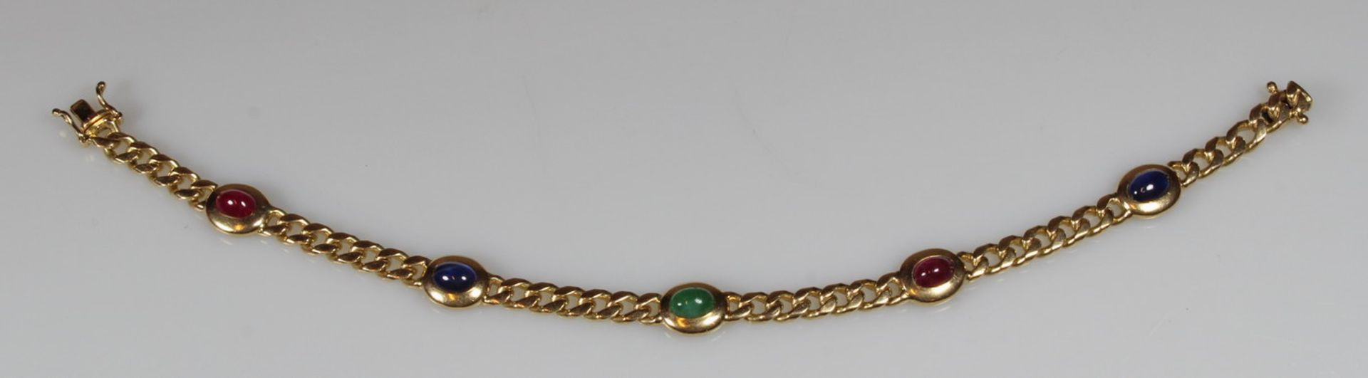 Armband, GG 585, 2 Rubin-, 2 Saphir-, 1 Smaragd-Cabochon, 20 cm lang, 20 g