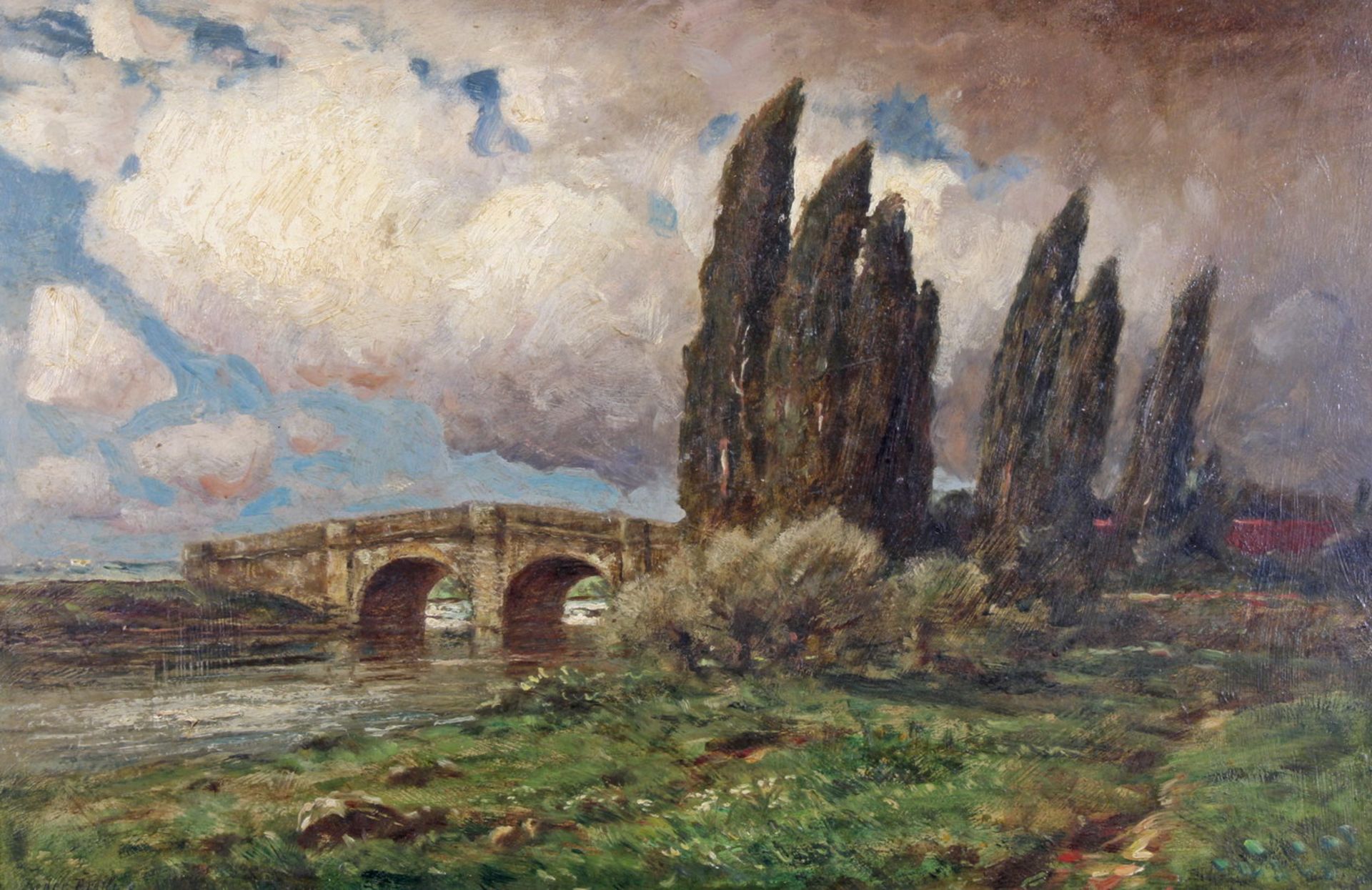 Reder-Broili, Franz (1854 Mellrichstadt - 1918 München), "Landschaft mit Brücke", Öl auf