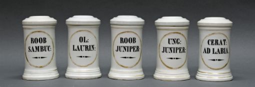 5 Apothekengefäße, um 1900, Porzellan, Pressmarke Bindenschild, profilierte Zylinderform, schwarz