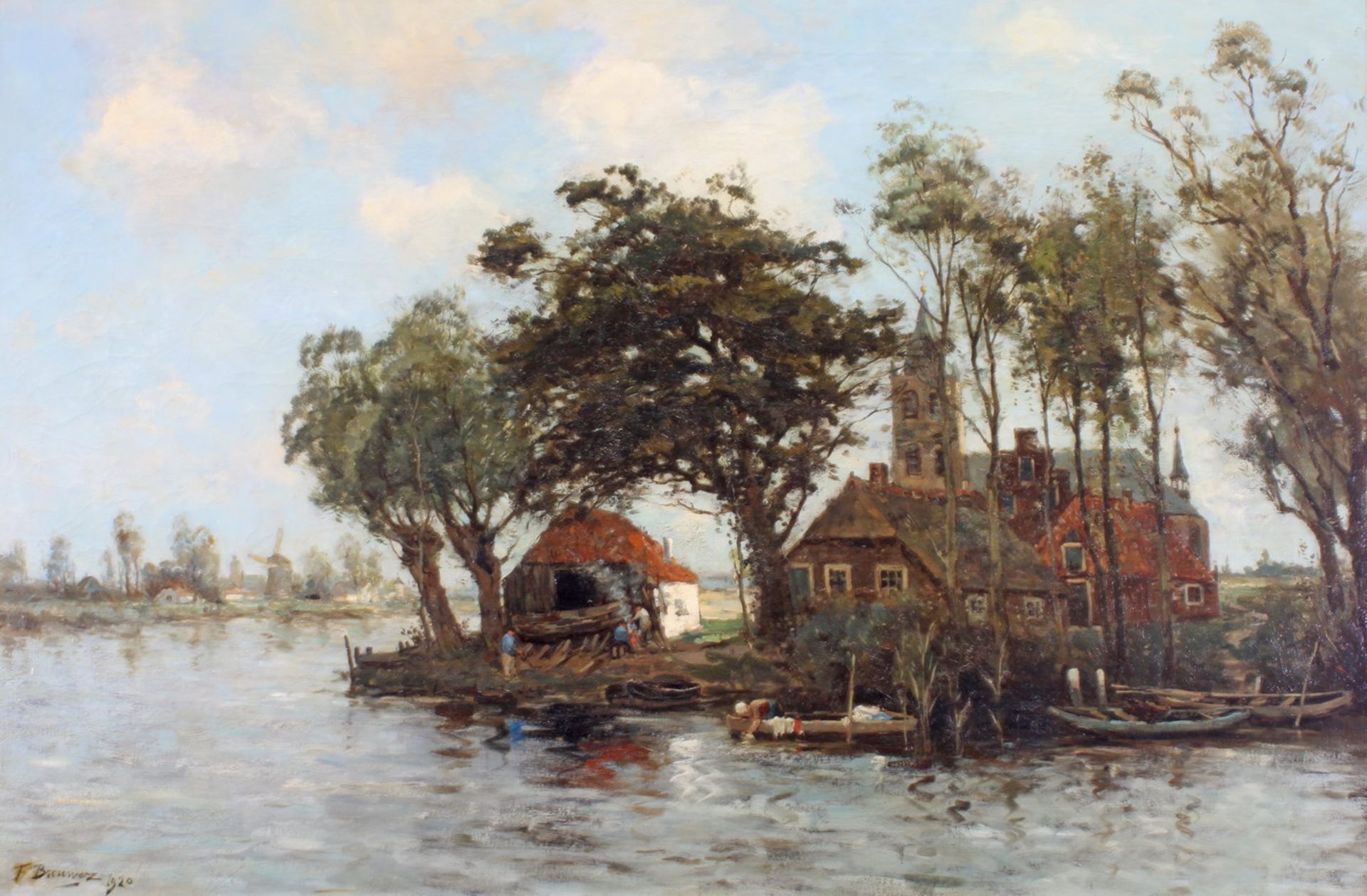 Brouwer, F. (19./20. Jh.), "Holländische Flusslandschaft mit Dorfkirche", Öl auf Leinwand,