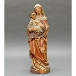 Skulptur, Holz geschnitzt, "Muttergottes mit Kind", Christus mit Metallnimbus, farbig gefasst, 19./