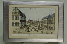 Zigarrendose, Silber 925, rechteckig, guillochierter Deckel mit Stichillustration "Markt in