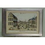 Zigarrendose, Silber 925, rechteckig, guillochierter Deckel mit Stichillustration "Markt in