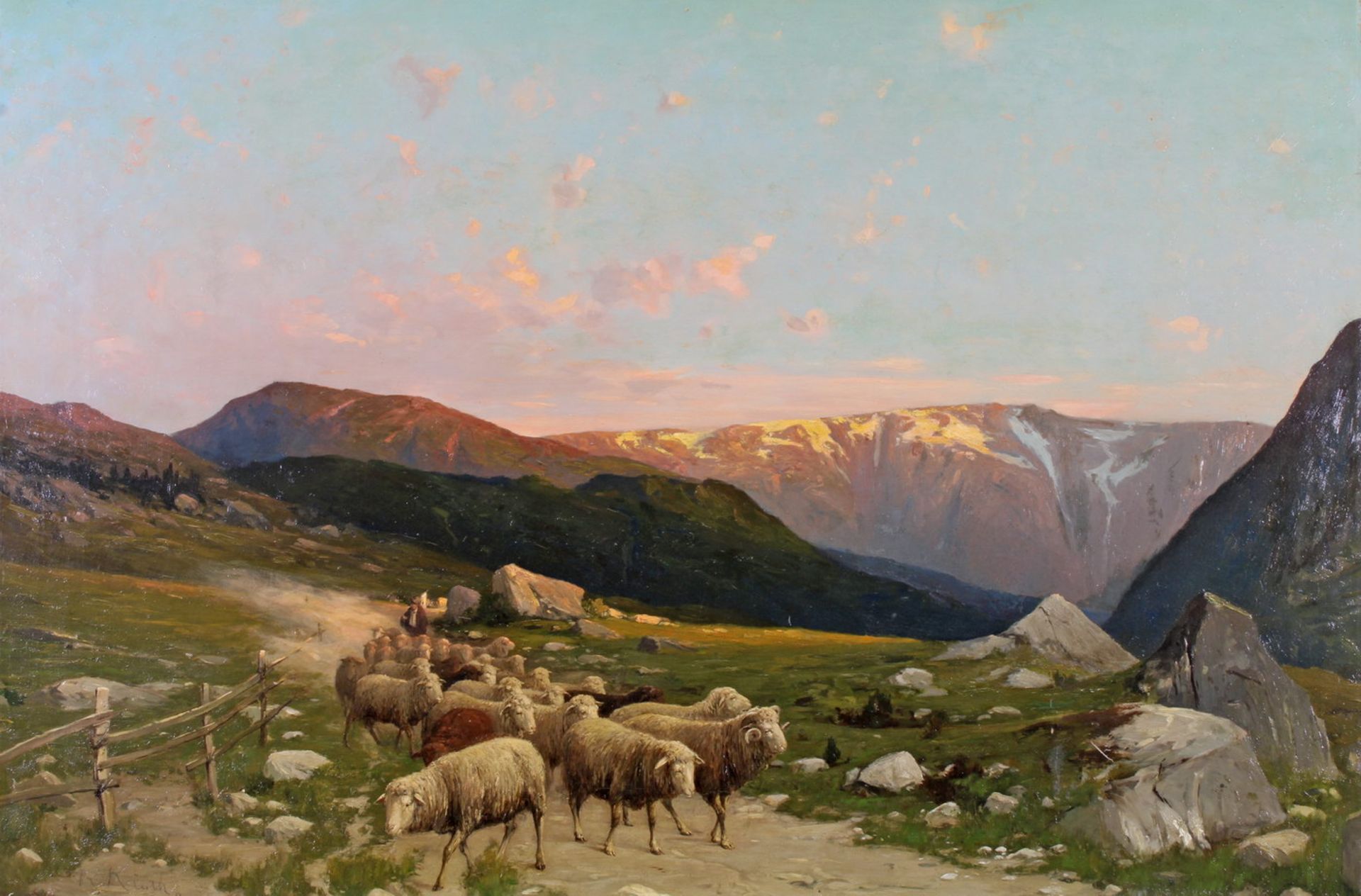 Kluth, Robert (1854 - 1921, amerikanischer Künstler) "Schäfer mit Herde in Gebirgslandschaft", Öl