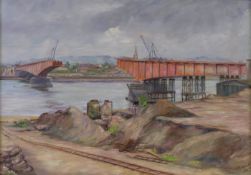 Gebhardt, Adolf (1910 - 1975, Landschaftsmaler), "Bau der Beueler Brücke", Öl auf Leinwand, auf