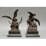 2 Bronzen, dunkelbraun patiniert, "Zwei Adler mit einem Steinbock", "Adler und Geier im Kampf um