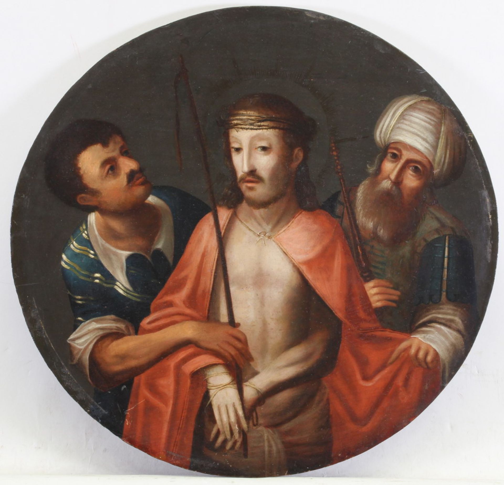 Sakralmaler (wohl 19. Jh.), "Ecco homo", Öl auf Holz, ø 38 cm, rückseitiger Verstärkungskeil