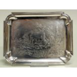 Tablett, Silber 925, Frankreich, rechteckig, Reliefdekor mit zechenden Bauern, profilierter Rand,